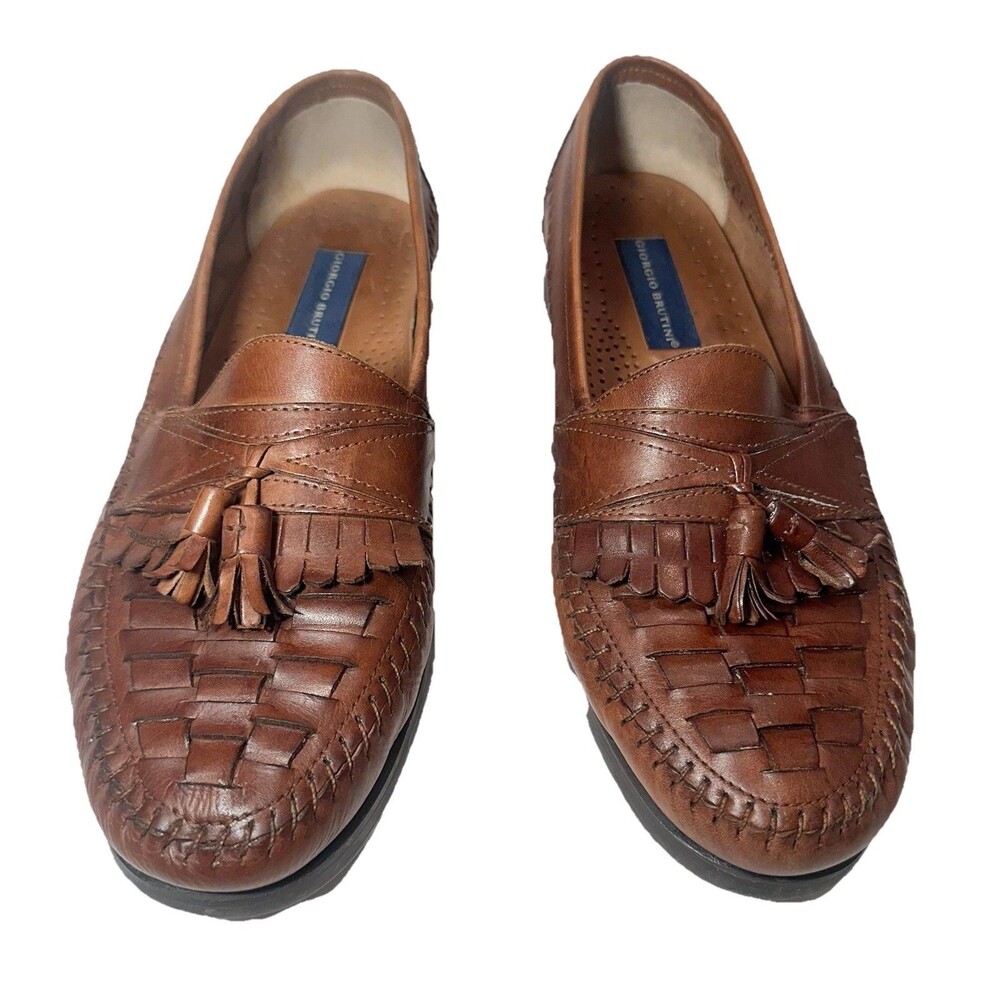 Men’s Giorgio Brutini Woven Leather Tassel Loafers Brown Slip On Shoes